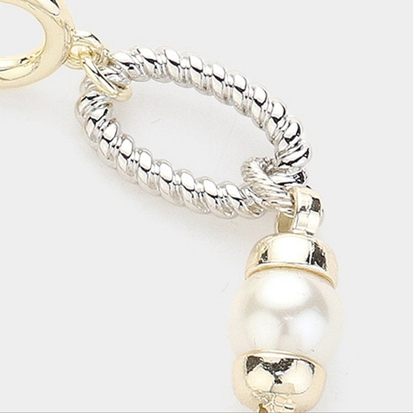 Silver Gold Pearl Two Tone Metal Chain Link Textured Toggle Bracelet - Picture 4 of 5